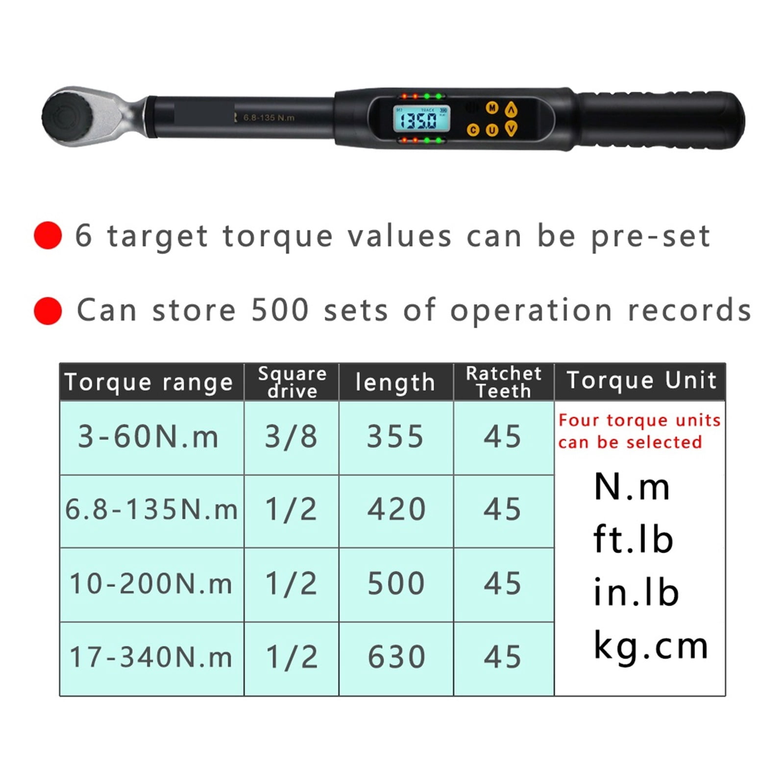 3/8" 1/2" Digital Torque Wrench Professional Adjustable High Accuracy Data Save Bike Car Bicycle Repair Torque Tool Key ,Versatile Torque Units