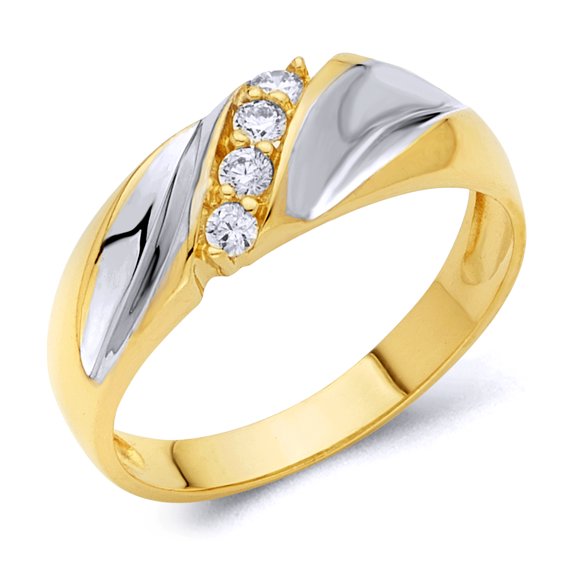 Wellingsale Men's Solid 14k Two 2 Tone White and Yellow Gold Polished CZ Cubic Zirconia Wedding Band - Size 8