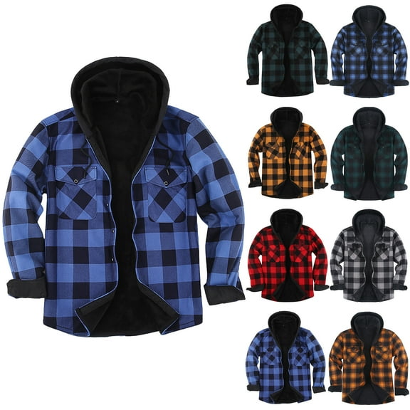 LTTVQM Mens Flannel Jacket Plaid Sherpa Fleece Lined Hoodies Button Down Long Sleeve Shirt Jackets Winter Outdoor Warm Coats Blue M