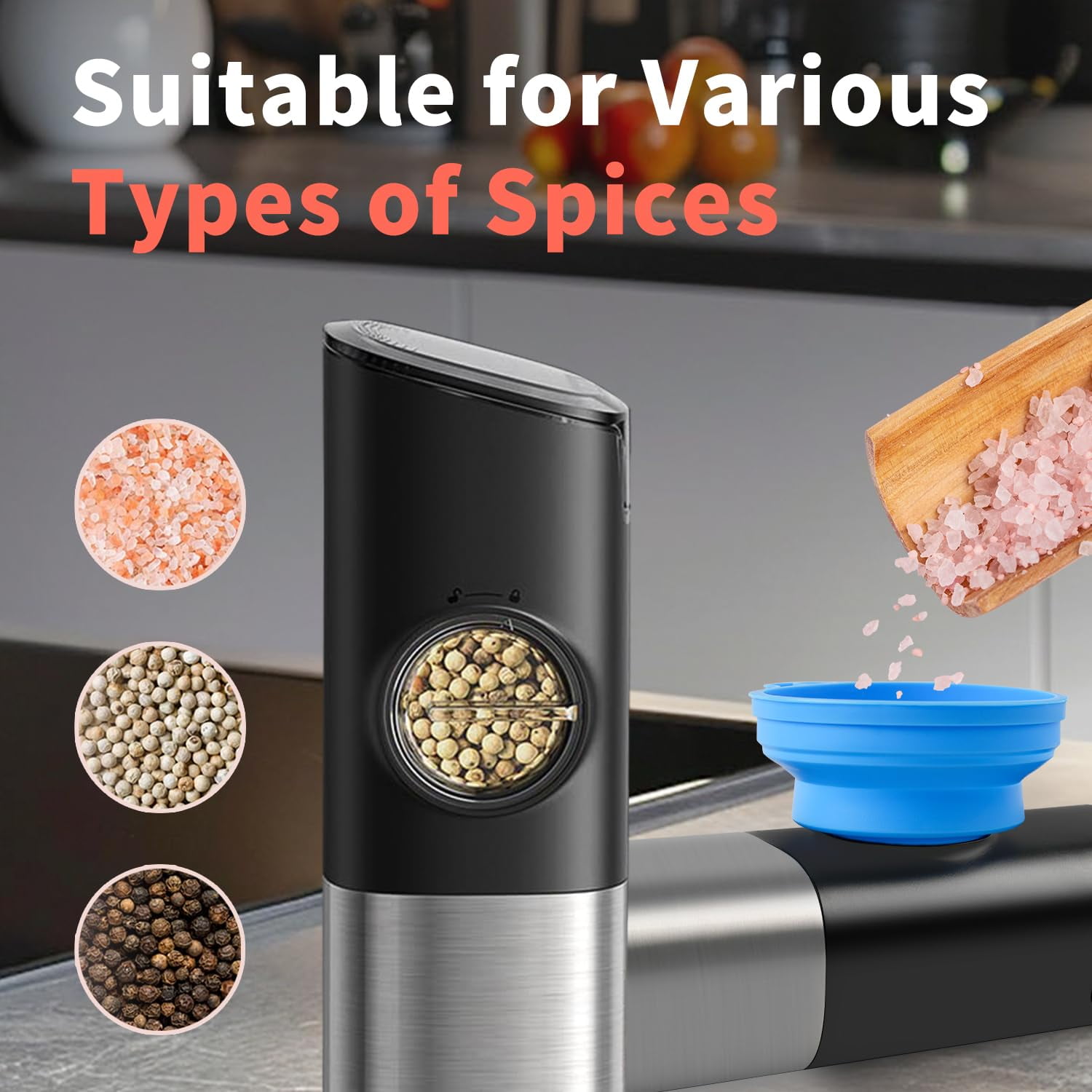 Gravity Rechargeable Electric Salt and Pepper Grinder Set, Stainless Steel, with LED Light, Dust Lids, Adjustable Coarseness, USB Charging Base