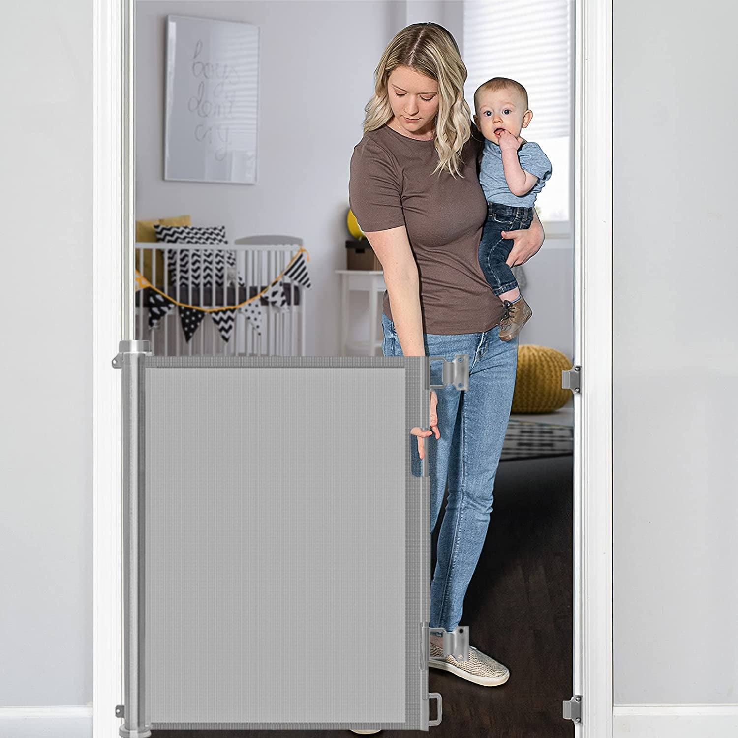 Retractable Baby Gates,59"x34" Extra Wide Doorways Mesh Child Safety Gate, Pet Dog Gate for