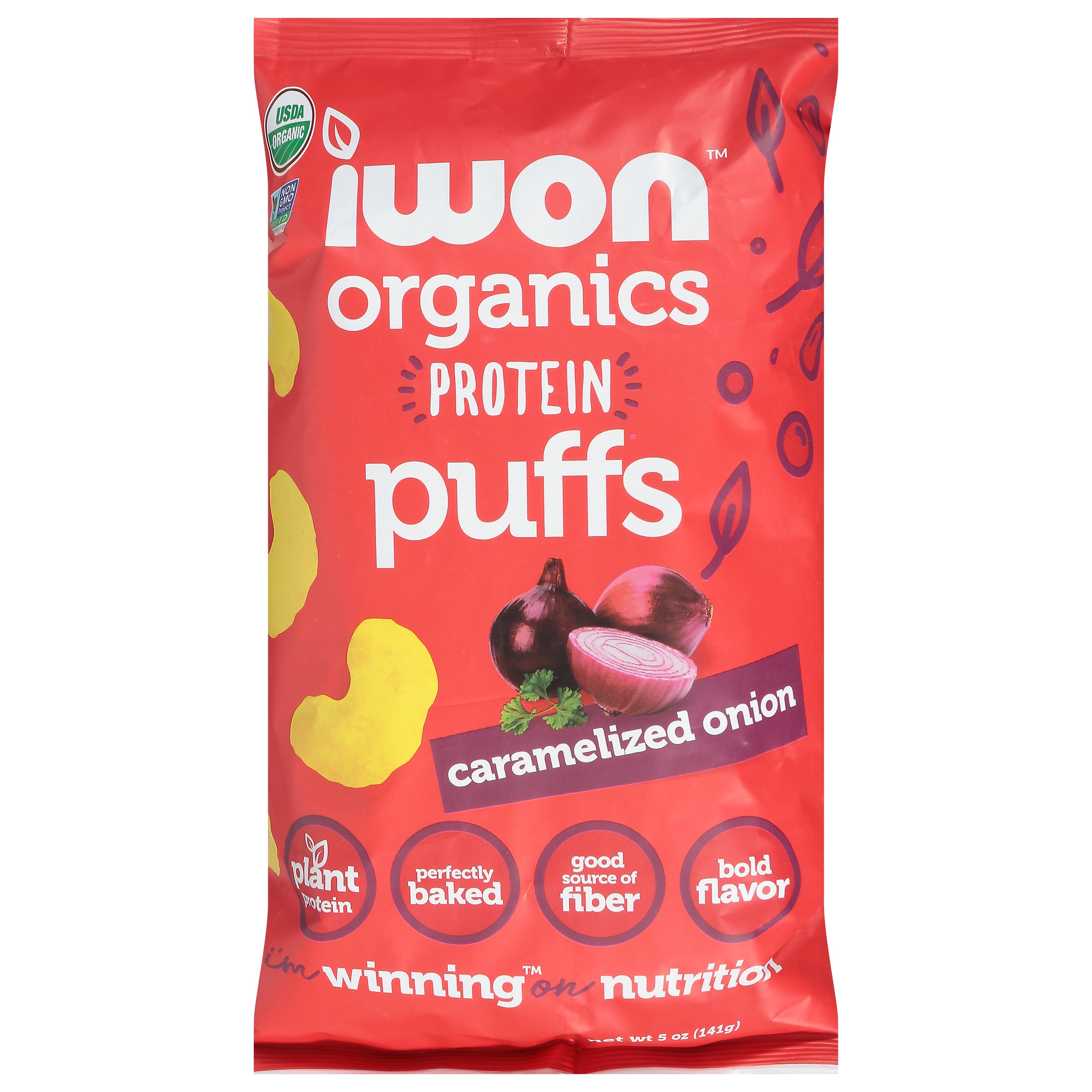 Iwon Organics: Protein Puffs Caramelized Onion, Plastic Bag, 5 oz (142g), Gluten Free, Non-GMO