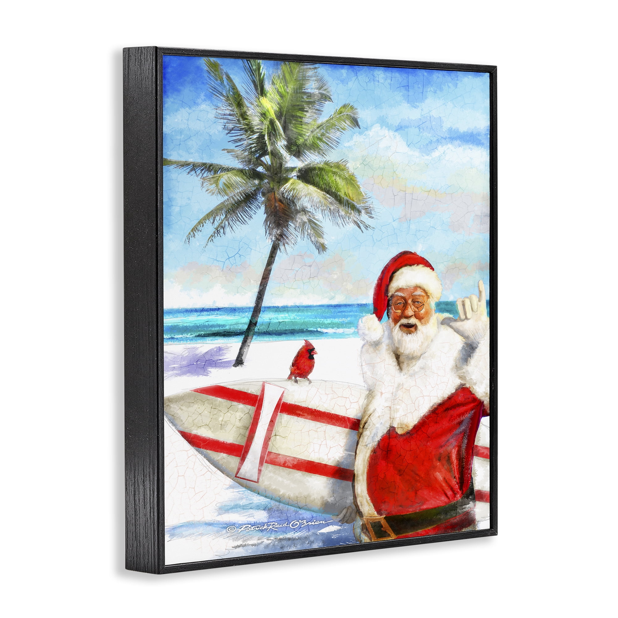 Stupell Industries Surfing Santa at Beach Holiday Painting Black Framed Art Prints Wall Art, 24 x 30