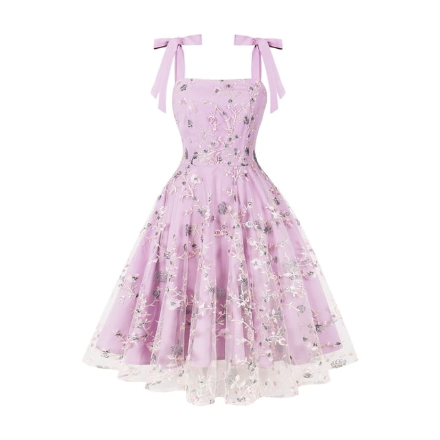 Liquidation d'Été Cagogo Robe Midi en Tulle pour Femmes, Invité de Mariage, Robe de Soirée, Col Carré, Bretelles, Ligne A, Robe de Bal Vintage Brodée Florale, Robe de Cocktail Formelle