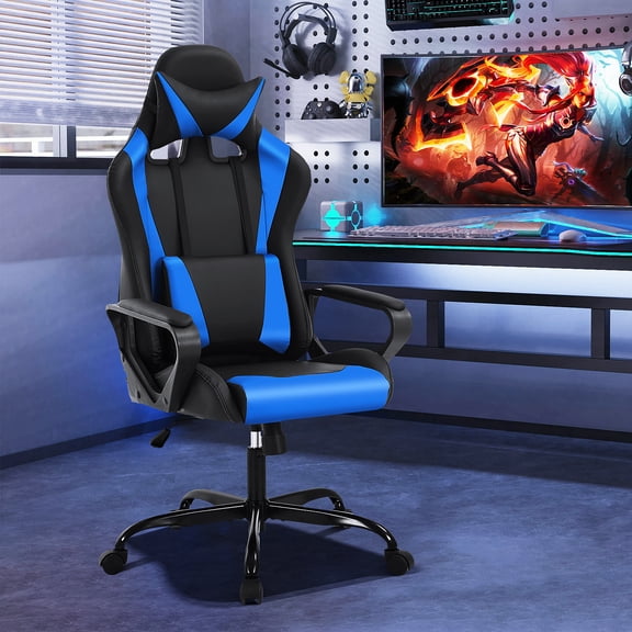 Dkelincs High Back Gaming Chair Racing Office Chair Leather Ergonomic Computer Chair Adjustable Swivel Rolling Desk Chair for Adults Teens, Blue