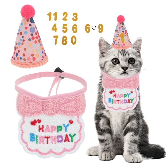 Decoraciones de cumpleaños para gatos, sombrero de cumpleaños, bandana, atuendo de fiesta para gatos, decoraciones de cumpleaños para gatitos, color rosa