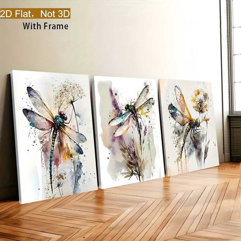 Framed 2D Flat Wall Art Featuring Three Colorful Dragonflies, Insect Prints, Watercolor Dragonfly Paintings, And Floral Images, Perfect for Decorating Bathroom And Living Room Walls