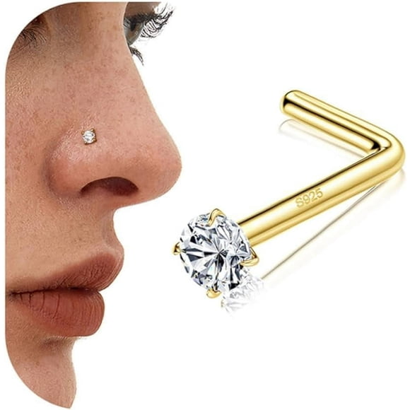 925 Sterling Silver Nose Stud 18G 20G L Shaped Bone Ring With Clear CZ Hypoallergenic Piercing Jewelry