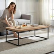 Walnut Coffee Table | Modern Industrial Rectangular Table With Black Metal