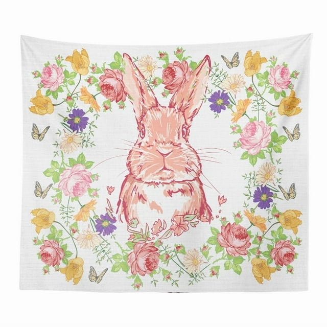 Tapiz de pared con plantas, flores y conejos, 150 x 100 cm, microtela
