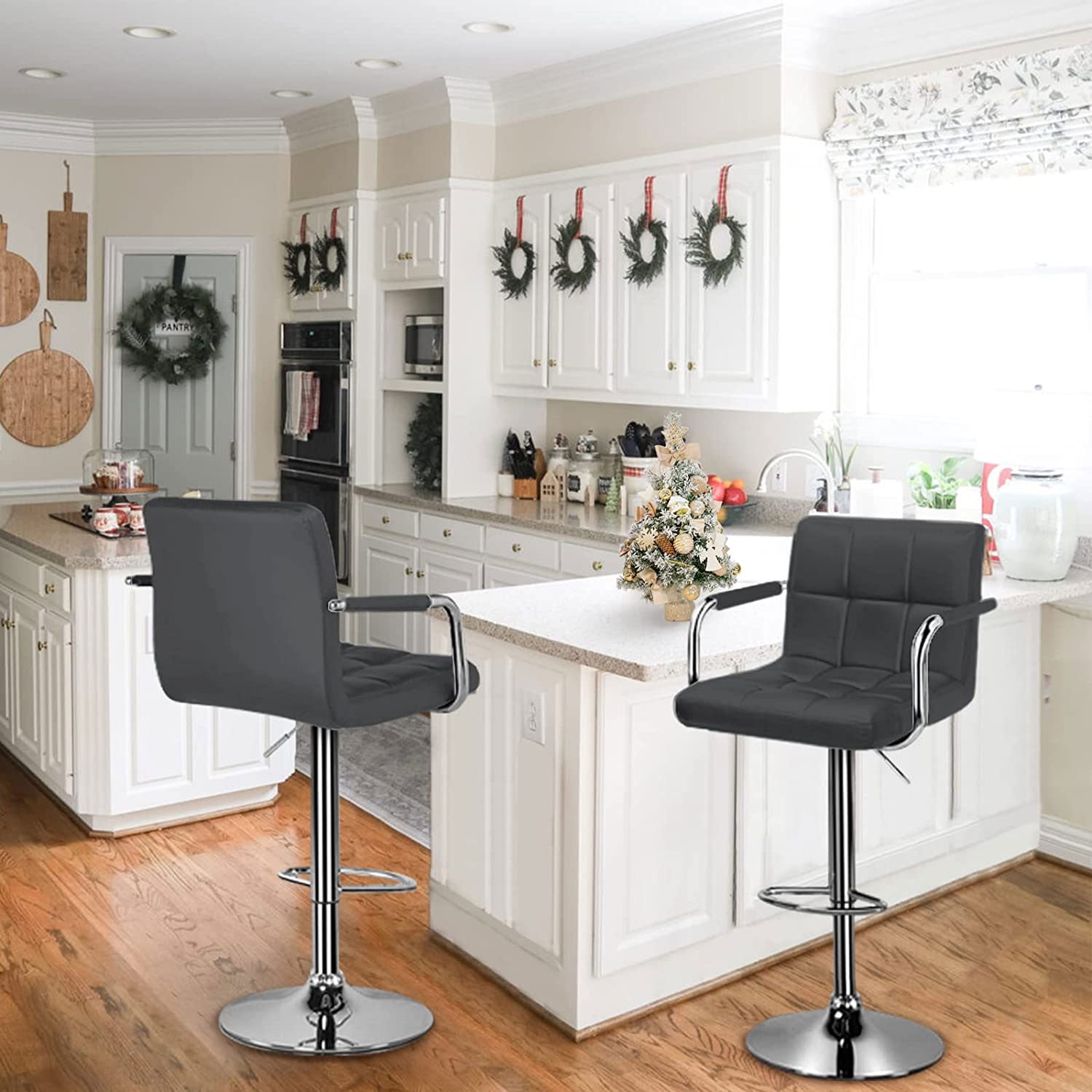 Soontrans Bar Stools Set of 2 Swivel Counter Height Stools, Adjustable Island Chairs for Kitchen with Back and Arms, Modern Barstools with Backrest and Armrest (Gray, 2Pcs)