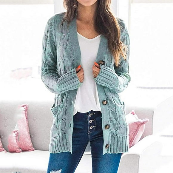 Outfmvch Sweaters for Women Boho Patchwork Cardigan Open Front Knit Sweaters Coat Pockets Womens Tops Womens Sweaters Light Blue