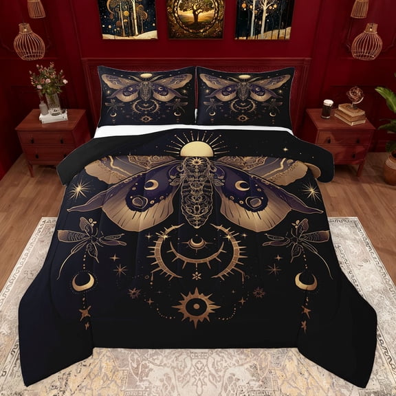 Feelyou Hippie Magic Moth Full Size Comforter Sets, Rustic Mystic Moon Sun Bedding Comforter Set, Teens Adult Men Women Reversible Bedding Sets, Lightweight Room Decor, 3-Piece