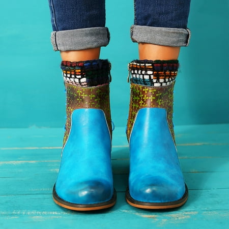 

dmqupv Borne Boots Womens Leather Ethnic Women s Zipper Heel Boots Fashion Side Roman Womens Wide Booties And Boots Blue 7
