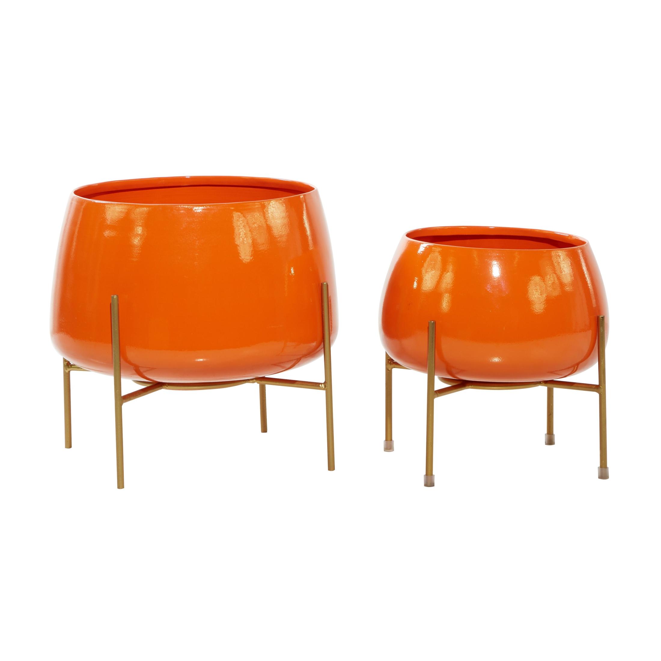 DecMode Modern Metal Dome Shape with X Base Stand Planter, Set of 2 8", 10"H Features Glossy Orange Finish