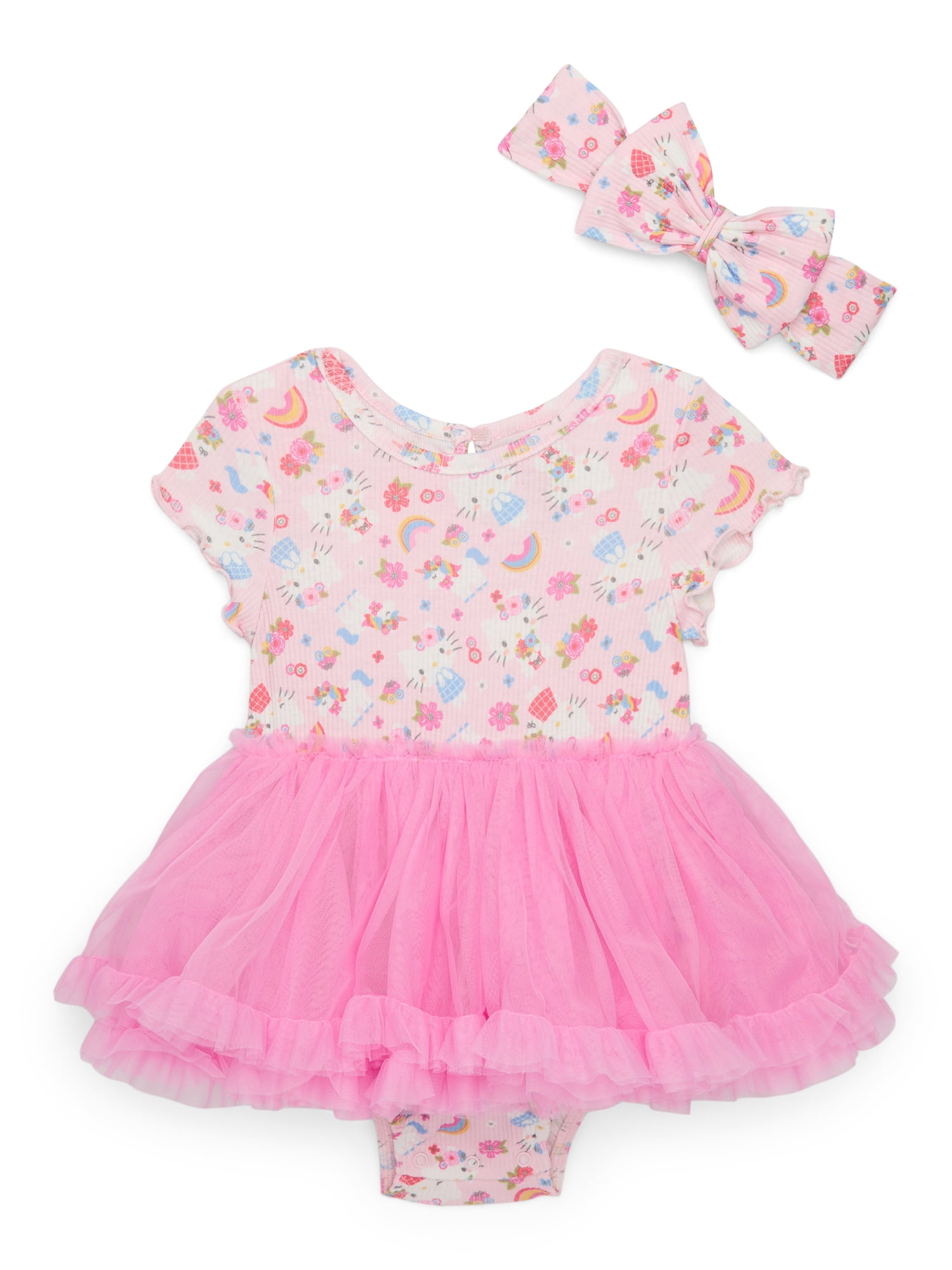Hello Kitty Baby Girl Allover Print Tutu Dress with Matching Bow Headband, Sizes 0/3M-24M