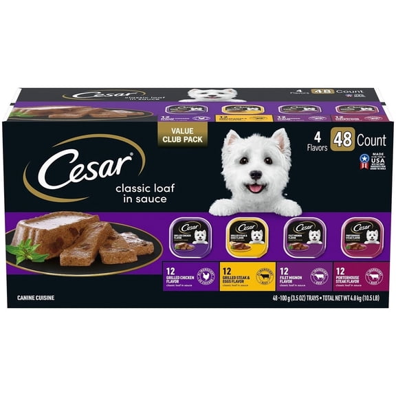 Cesar Classic Loaf in Sauce Easy Peel Variety Pack 3.5 Ounce (Pack of 48)