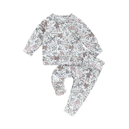 

Infant Baby Spring Fall Outfit Long Sleeve Round Neck Rabbit Print Pullover Casual Sweatpants Set