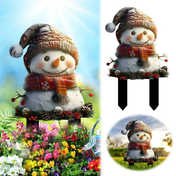 Christmas Snowman Acrylic Flowerpot with Wooden Stake - Weather-Resistant, Festive Garden/Yard Decor, Indoor/Outdoor Use