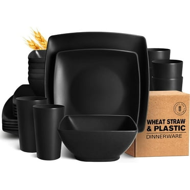 Teivio 24-piece Plastic Wheat Straw Square Dinnerware Set for 6, Unbreakable Dinner Plates, Salad Plates, Snack Bowls, Tumblers 20 oz, Dishwasher Safe, Black Matte
