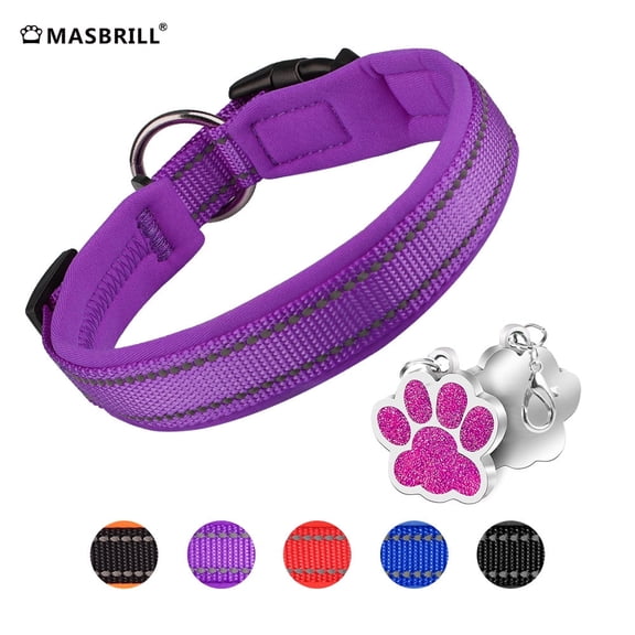 MASBRILL dog collar with Dog tag Reflective Soft Neoprene Padded Breathable and Adjustable, Odour Resistant and Fast Drying-Purple-L