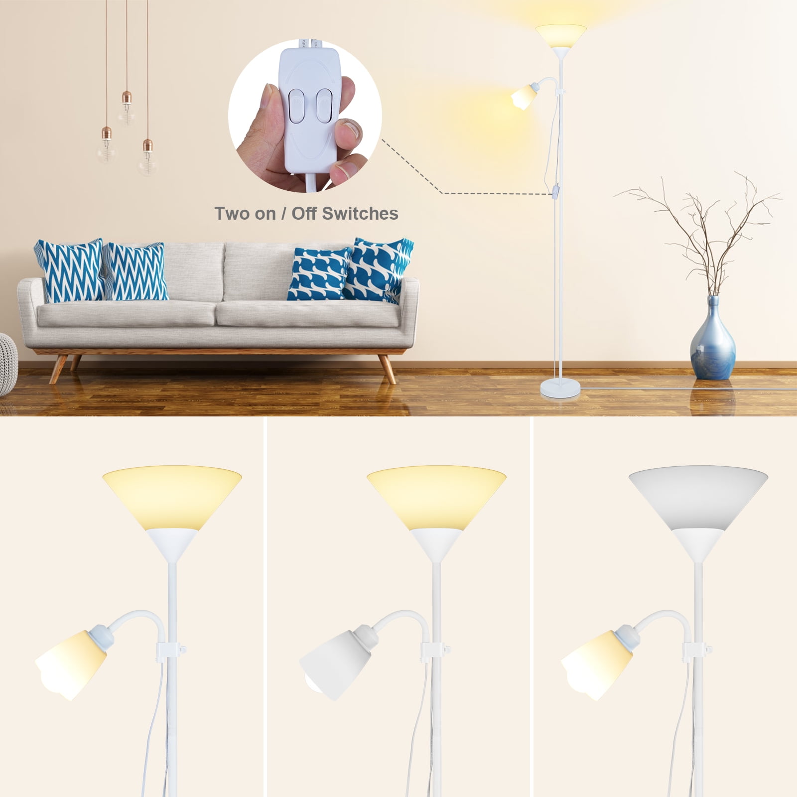 Adjustable Floor Lamp, 2 Head LED Torchiere Standing Lamp, Modern Dimmable Tall Reading Light with Bulbs for Living Room