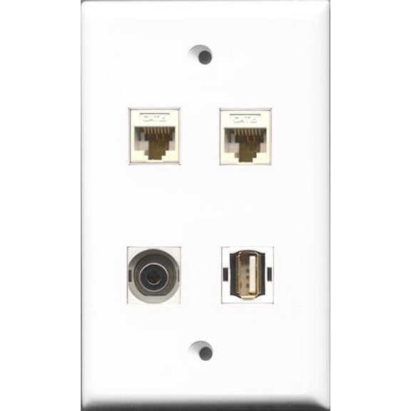 RiteAV 1 Port USB A-A and 1 Port 3.5mm 2 Port Cat6 Ethernet White Wall Plate