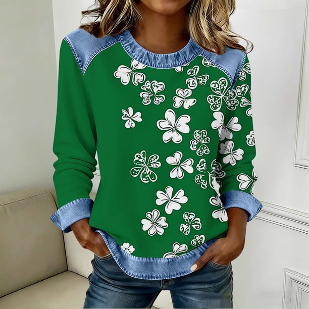 TaTaai Soft Comfy Womens Long Sleeve Shirt St Patrick Print Patchwork Round Neck Solid Color Casual Blouse Spring Daily Holiday Vacation Party Wear Gift