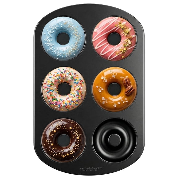 NutriChef Donut Mold | Nonstick Carbon Steel Donut Pan for Baking | 6-Cavity Tray with Bagel Mold Design | Oven Safe up to 450°F | Stainless Steel 12.5 x 8.5 Inch Bakeware | Black