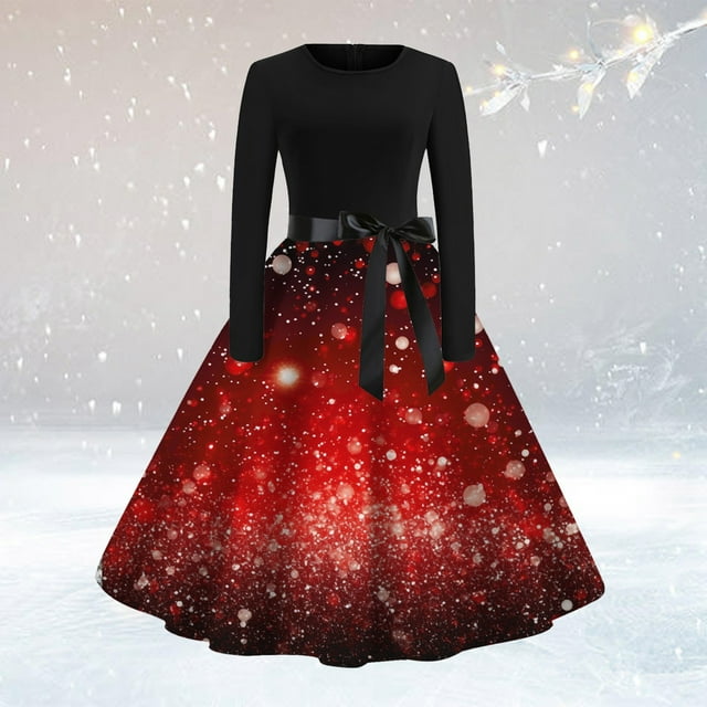 Robes Formelles pour Filles Robe Longue à Manches Longues Col Rond Patchwork Joyeux Noël Imprimé Grande Robe Formelle pour Femmes en Solde