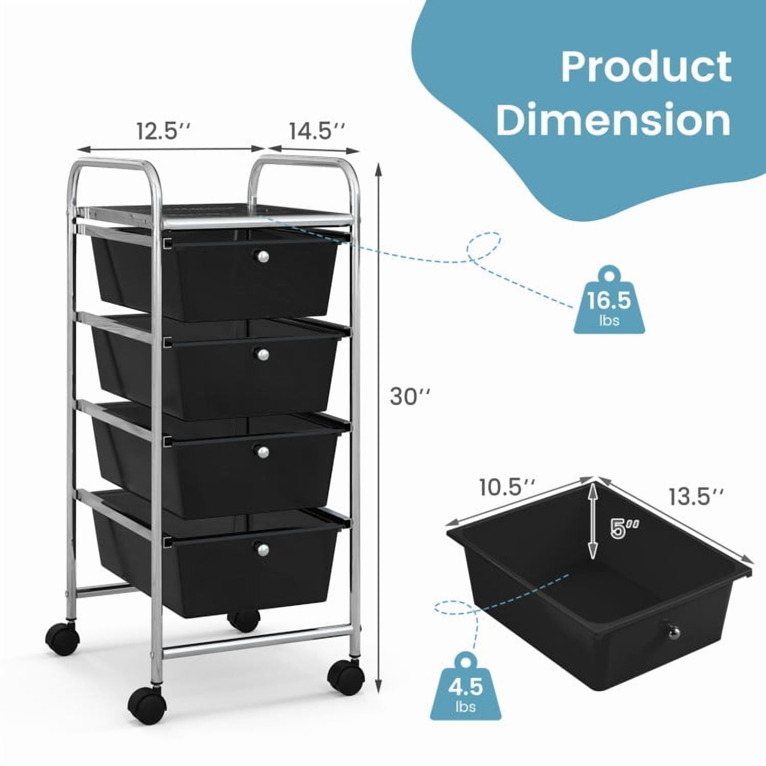 Spaco 4-Drawer Cart Storage Bin Organizer Rolling with Plastic Drawers-Black, Craft Organizers and Storage, Multipurpose Organizer Cart for Home, Office, School