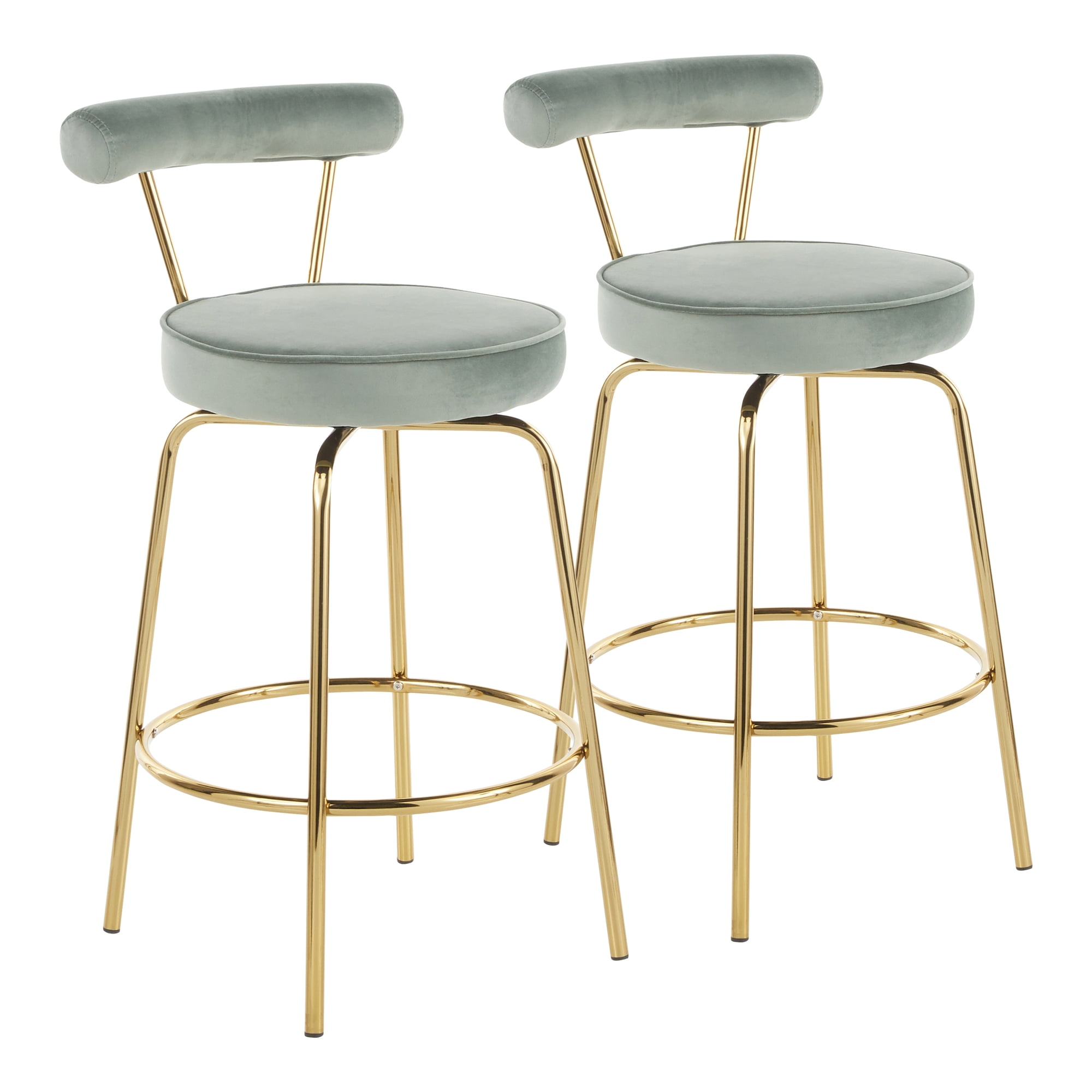 Counter Stool, Set of 2, Sage Green Velvet Upholstery with Gold Metal Frame, 360 Degree Swivel Seat, Art Deco Glam Styling for Kitchen Island, Dining Area, and Home Bar, Indoor Use