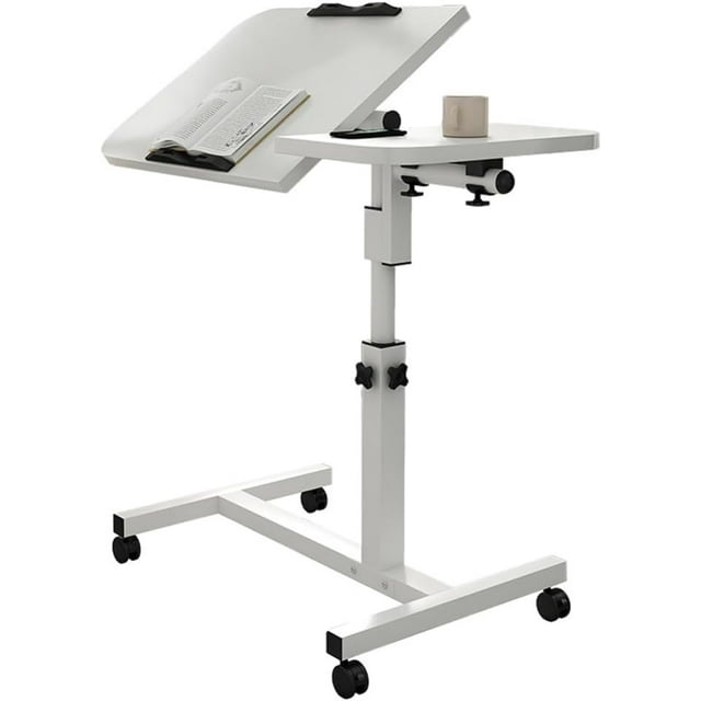 Bingirl Movable Overbed Table with Wheels, 23.6-37.4in Adjustable Height Overbed Table, Rolling Tray Table, Medical Bedside Desk with 0-90 Degrees Tilting Surface for Home