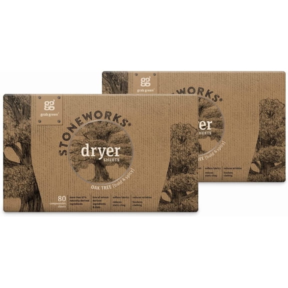 Grab Green Natural, Stoneworks Dryer Sheets, Oak Tree, 160 Sheets (2 pack)