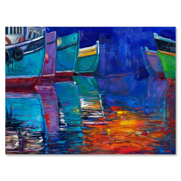 Designart ' Boats During Warm Sunset Resting On The Water I ' Nautical & Coastal Canvas Wall Art Print