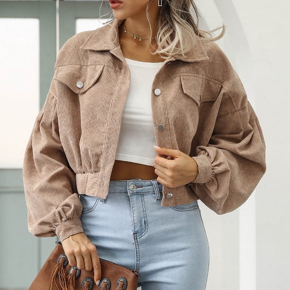 Meichang Womens Cropped Corduroy Jacket Casual Button Down Shacket Coat Lantern Long Sleeve Lapel Crop Jacket Tops 2025 Spring Fashion