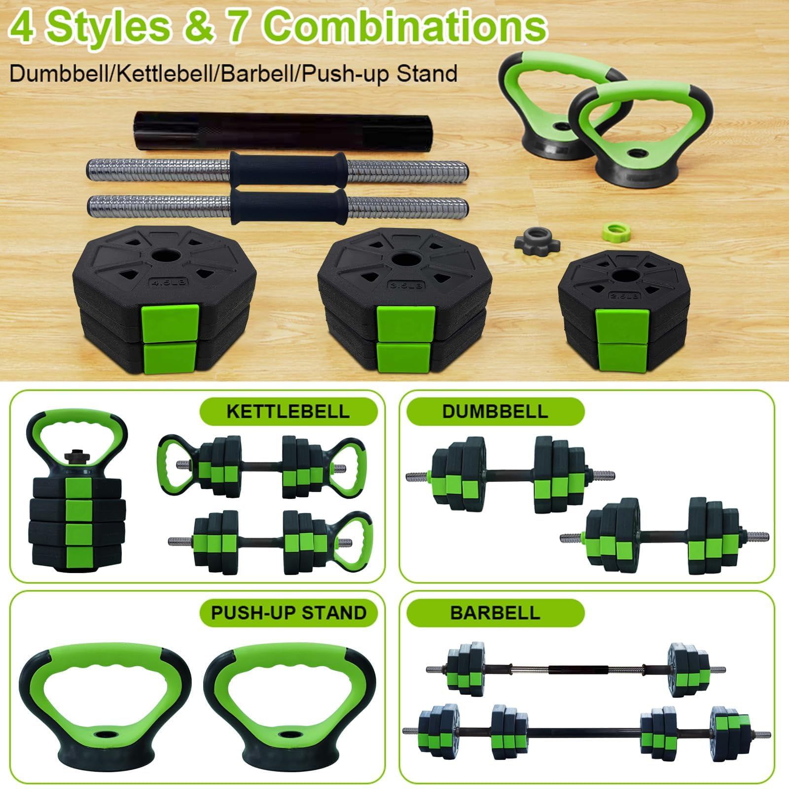 COZONY 4-in-1 Adjustable Dumbbell Set, Multi Function Dumbbell Barbell Kettlebell Push Up Stand for Home Gym,Green
