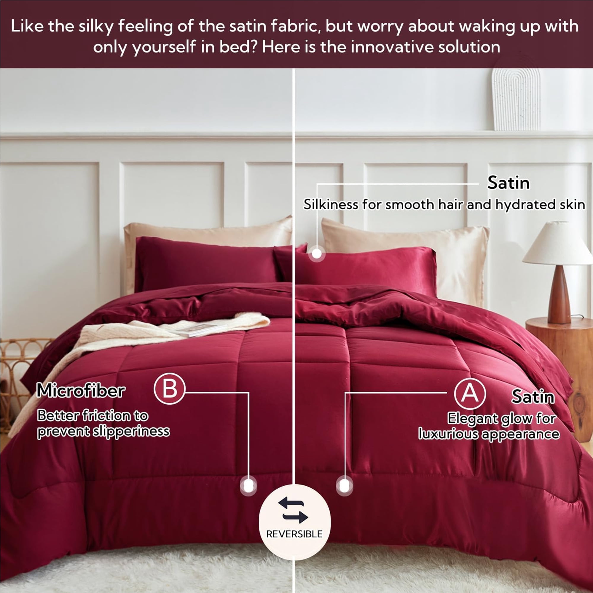 MR&HM Reversible Satin Microfiber Comforter 3 Pieces Queen Size, Burgundy Queen Comforter Set for All Seasons, Silky Soft Satin Comforter for Hair and Skin, with Satin Pillowcases Set of 2