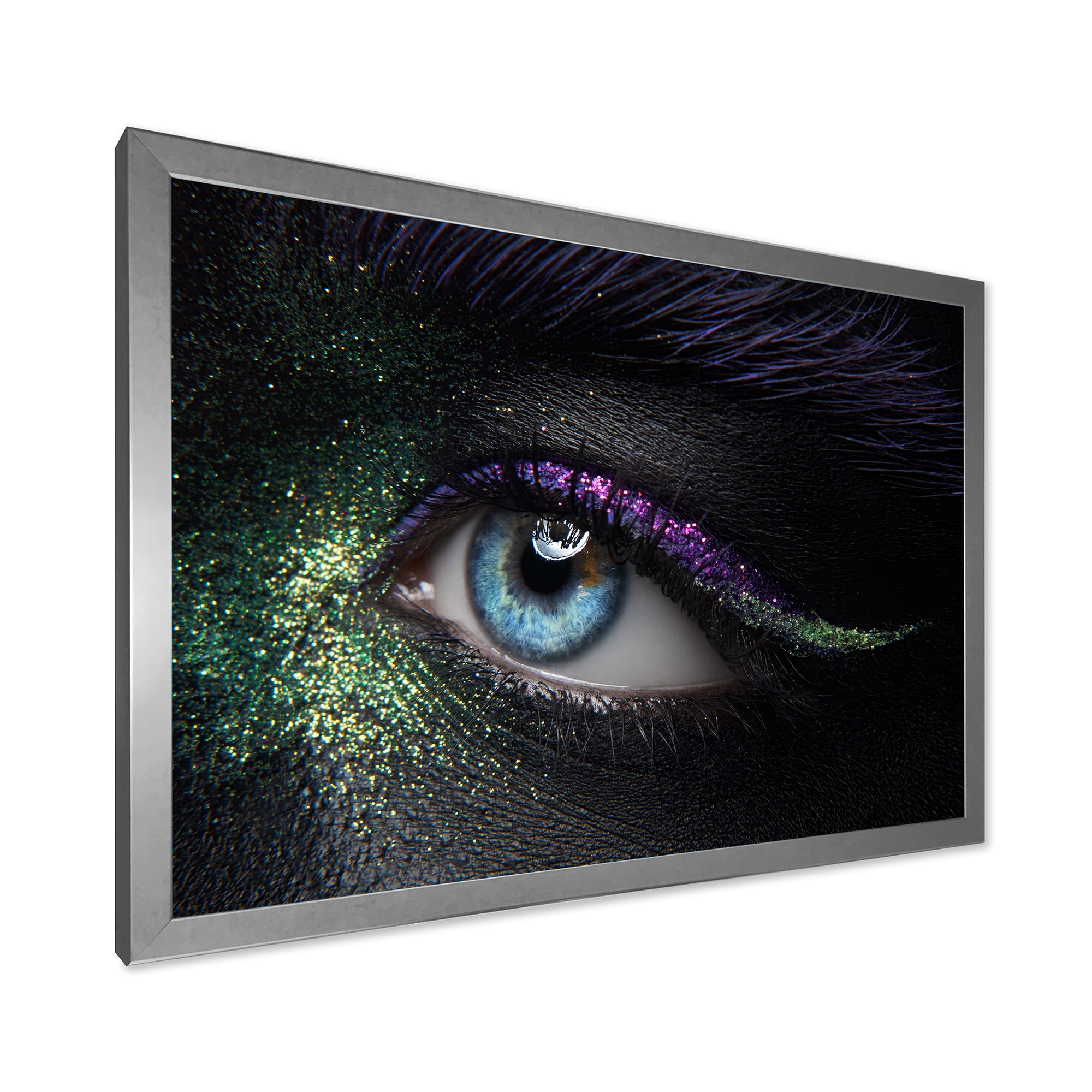 Designart 'Woman Eyes With Green & Purple Pigment & Sparkles' Modern Framed Art Print