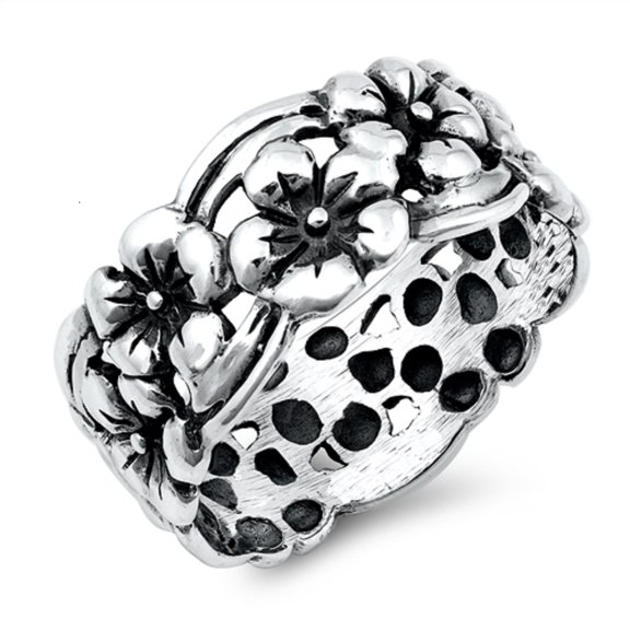 Oxidized Sterling Silver Floral Band Ring Size 6