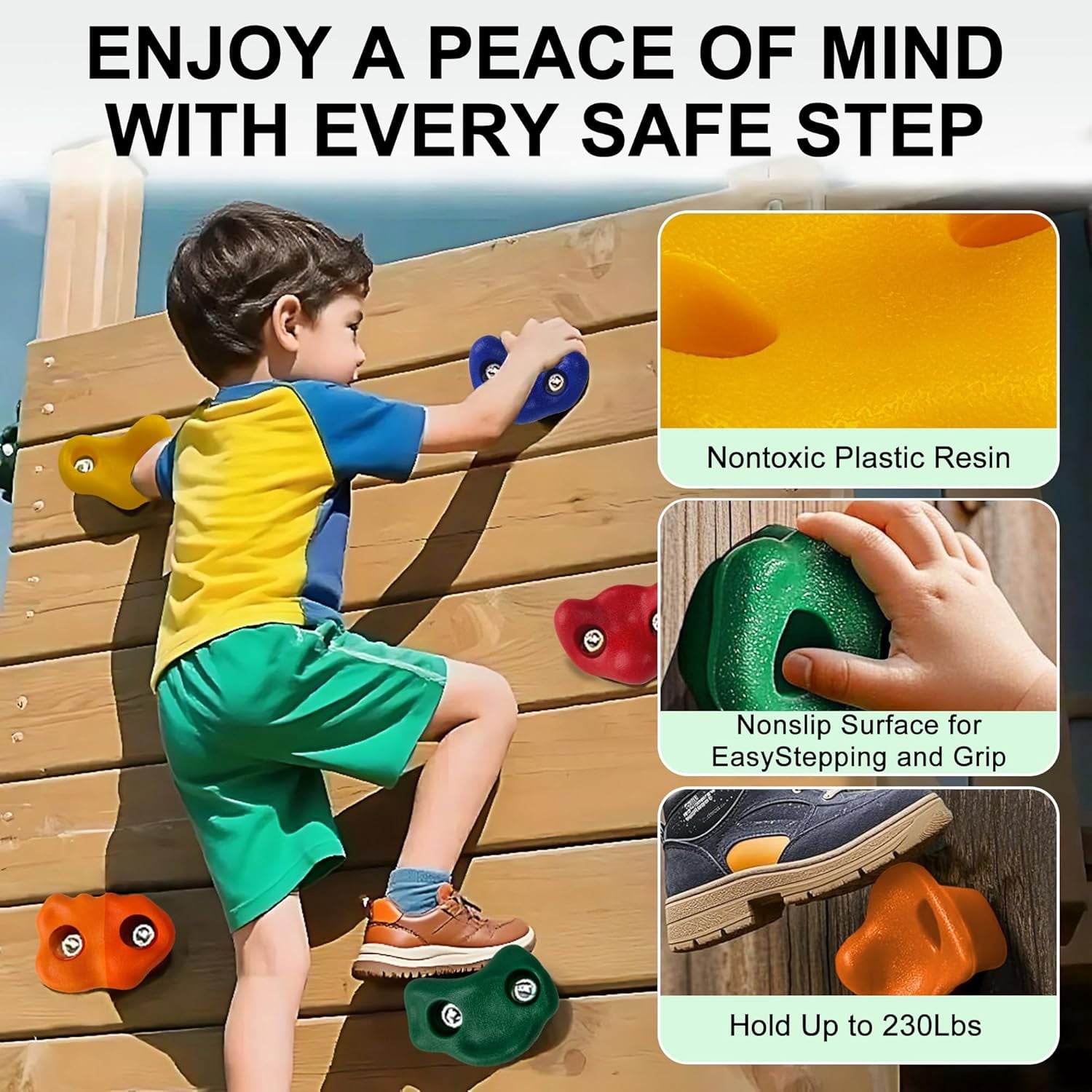 KINSPORY 17 Pack Rock Climbing Holds Set, Indoor Outdoor Playground Parts & Accessories for Children Wooden Playset - 10pc Climbing Holds