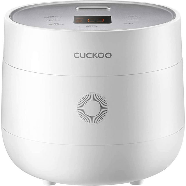 White CUCKOO 6-cup Micom rice cooker featuring a digital display and control knob for multiple cooking modes