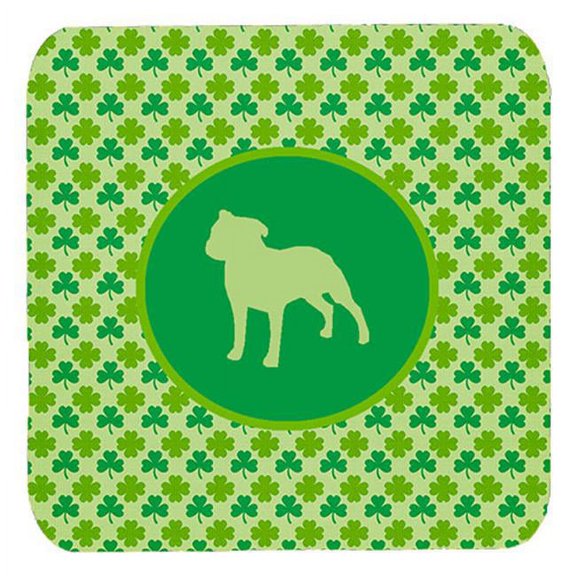 Staffordshire Bull Terrier Lucky Shamrock Foam Coasters - Set 4, 3.5 x 3.5 In.