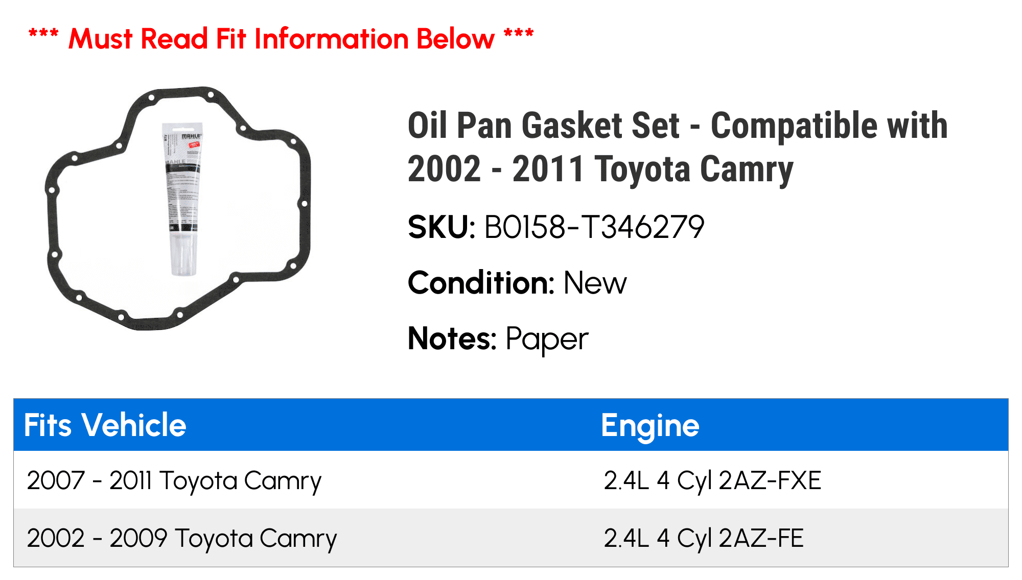 Oil Pan Gasket Set - Compatible with 2002 - 2011 Toyota Camry 2003 2004 2005 2006 2007 2008 2009 2010