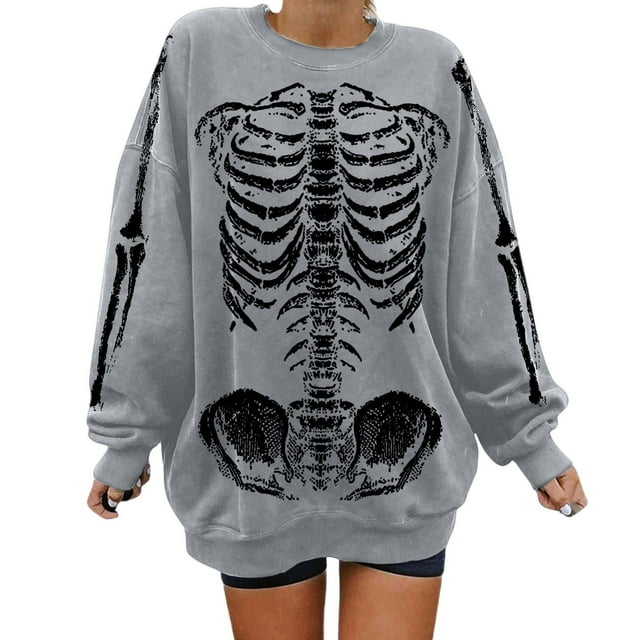 HUITKMM Chandail pour Femmes Unisexe Mode Imprimé Design Squelette Surdimensionné Longline Sans Capuche Col Rond pour et Mode Urbaine Décontracté
