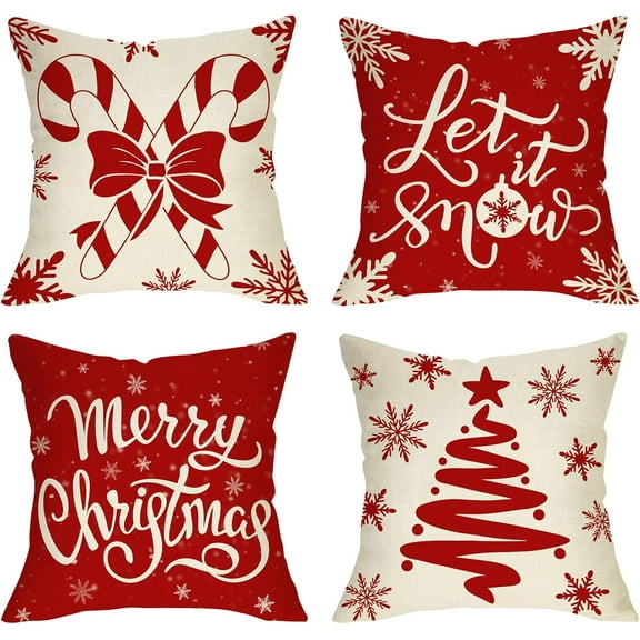 Merry Christmas Red Decorative Throw Pillow Covers 18 x 18 Set of 4, Xmas Tree Peppermint Candy Cane Porch Outdoor Home Decor, Let It Snow Winter Holiday Snowflake Sofa Couch Cushion Case