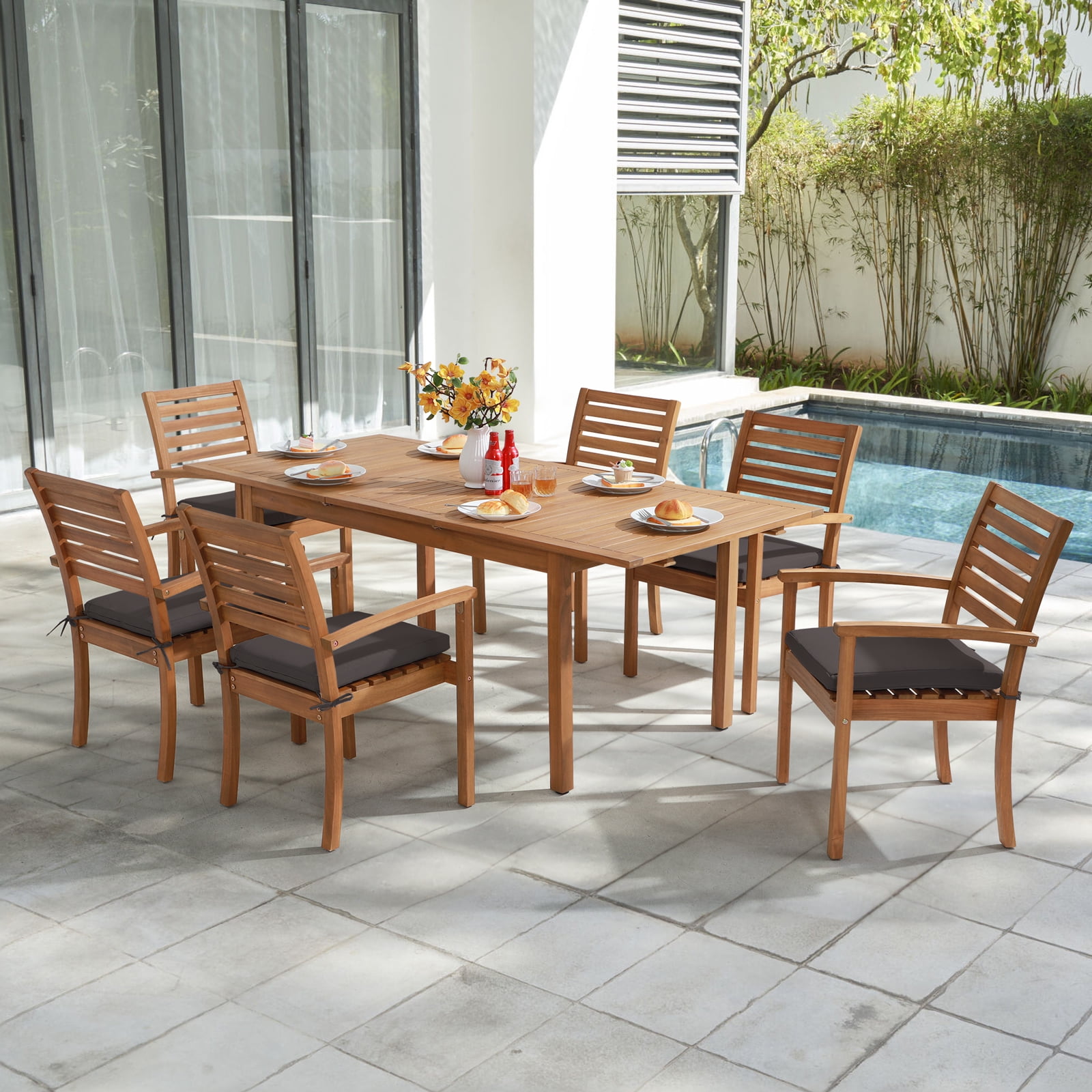 7 Piece Patio Dining Set, Outdoor Acacia Wood Furniture Set, Extendable Rectangular Table and 6 Stackable chairs, Removeable Fabric Dark Gray Cushion, FSC Certified, for Deck Garden Backyard