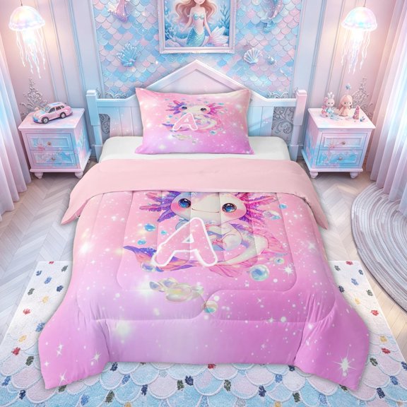 meiyoeat Cute Axolotl Letter A Print Twin Comforter Sets for Boys Girls, Galaxy Animal Bedding Set, Pink Purple, Pink Reversible, 2-Piece, 1 Comforter and 1 Pillowcase