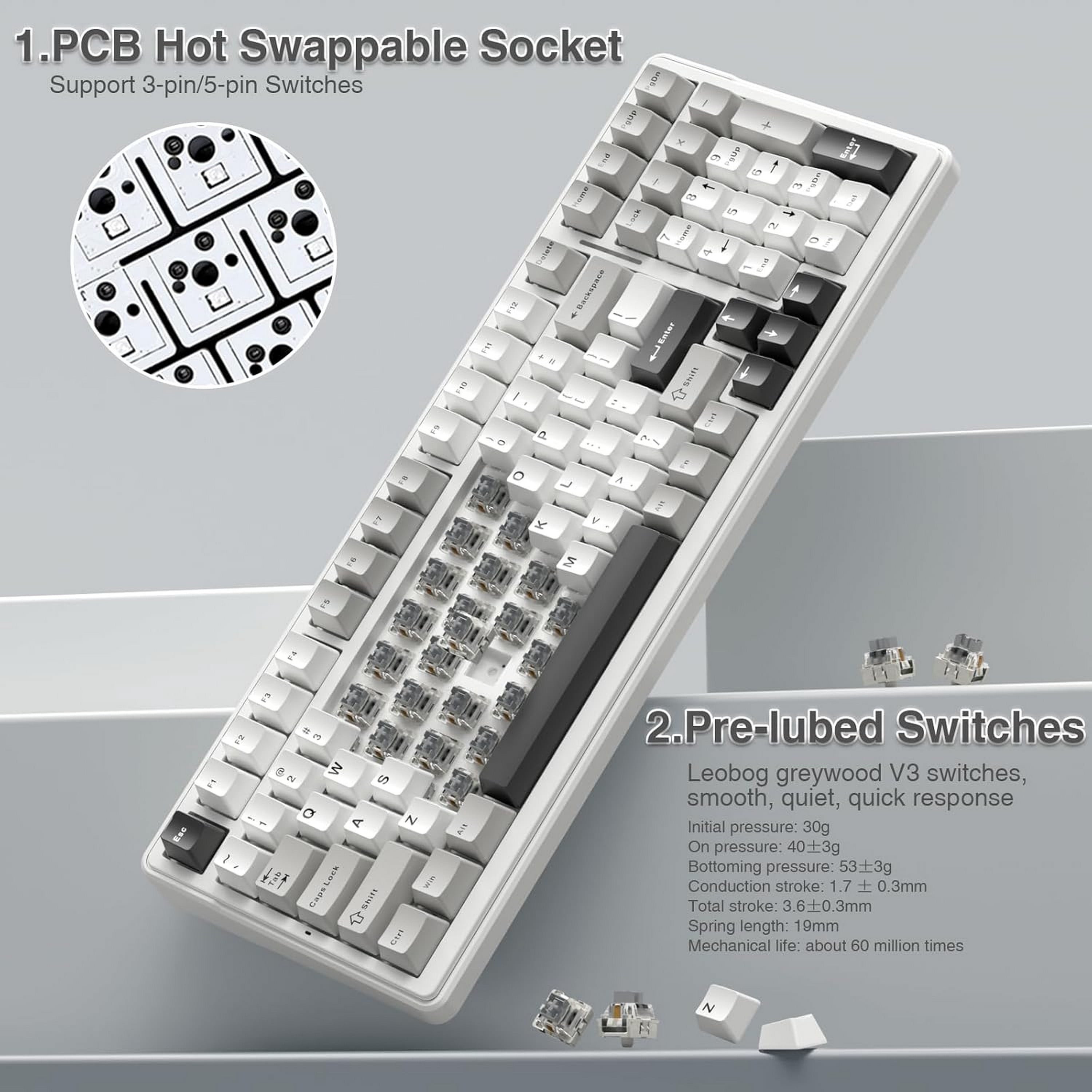 AULA F99 96% Wireless Mechanical Keyboard, Hot Swappable, Tri-Mode Bluetooth 5.0/2.4GHz/USB-C, Pre-Lubed Linear Switches, RGB Backlit, Macro Support, Black/Grey/White