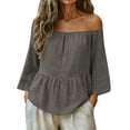 thumbnail image 3 of XUNKUSGA Cotton Linen Womens Tops Loose Cute Babydoll 3/4 Length Sleeve Ruffle Hem Womens Tops Casual Soild Color Boho Peplum Tops for Women,Gray,2XL, 3 of 10